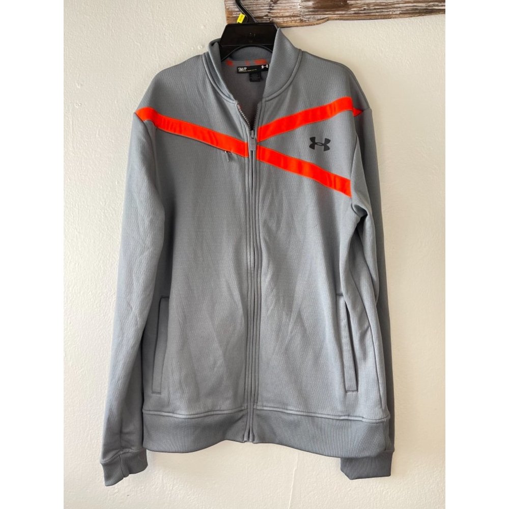 Men's Under Armour SM/P Full Zip Jacket Fleece Lined Pockets L/S Grey Orange